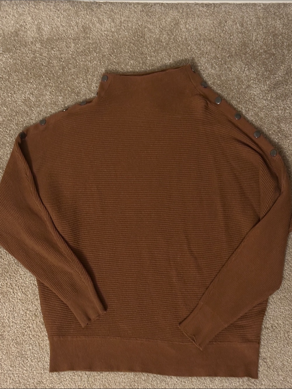 Carmen Marc Valvo Mustard Ribbed Button-Shoulder Turtleneck Sweater